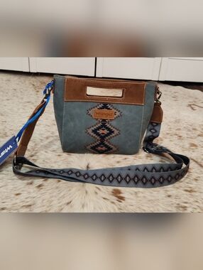 Wrangler Blue Suede Crossbody Bag with Aztec Detail